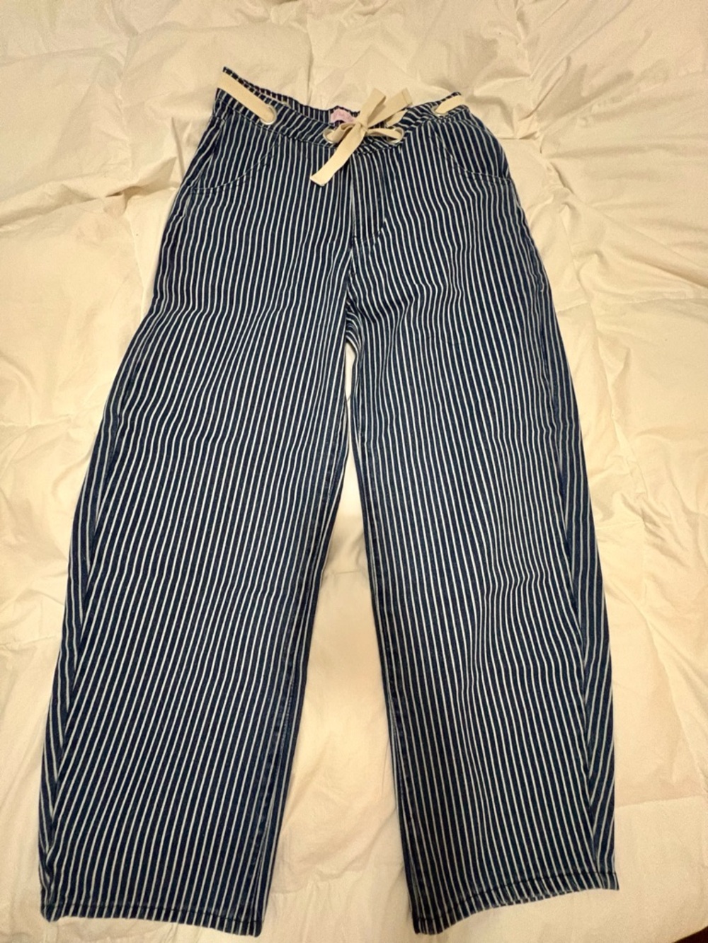 Pink Lily Navy and White Striped Barrel Leg Drawstring Jeans